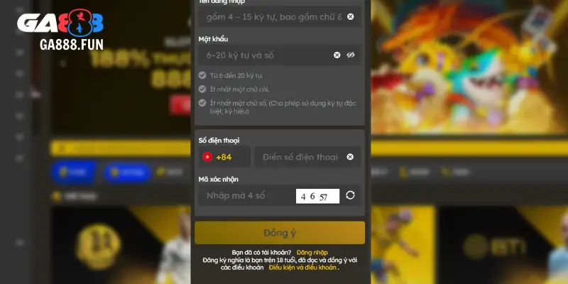 Điền thông tin cá nhân để đăng ký GA888